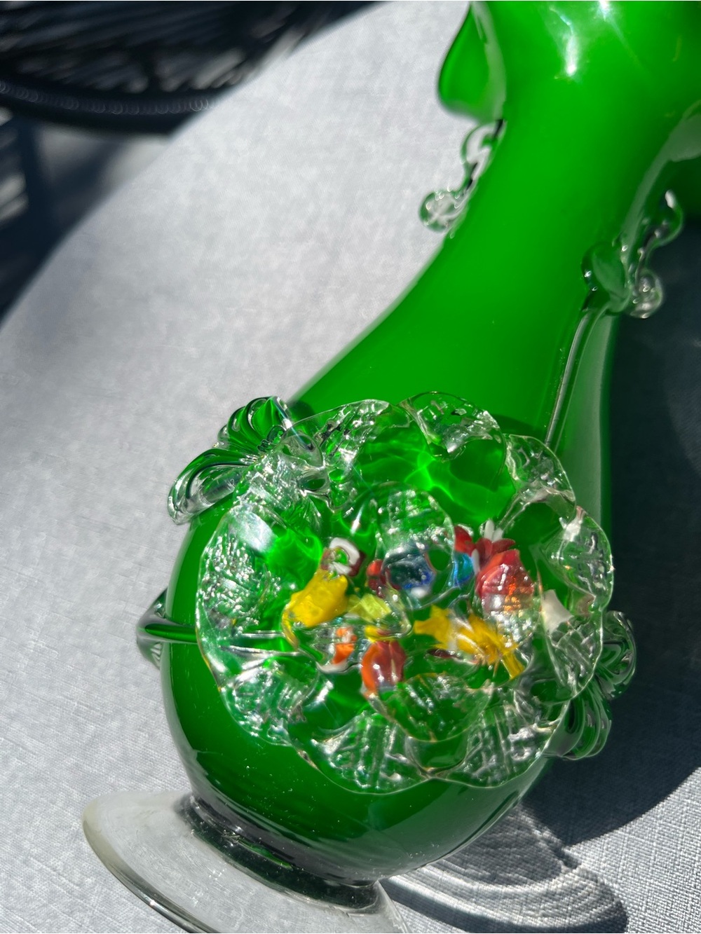 Vintage Murano Style (possibly authentic) Green Glass Vase Applied Flowers 8” - Picture 2 of 16
